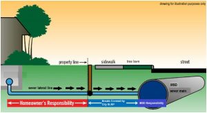 A diagram showing a house, yard, sidewalk, and street in NY, illustrating that the homeowner is responsible for the sewer lateral to the property line, while the city is responsible for the main sewer—relevant for septic system services Suffolk County.