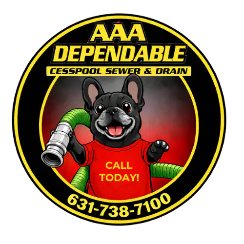 Logo for "AAA Dependable Cesspool Sewer & Drain" featuring a cartoon French Bulldog in a red shirt that says "Call Today!" holding a green hose, with the phone number 631-738-7100 at the bottom.
