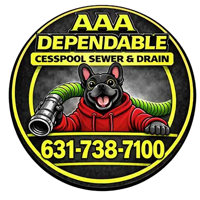 AAA Dependable Cesspool logo with a cartoon dog and sewer drain illustration.