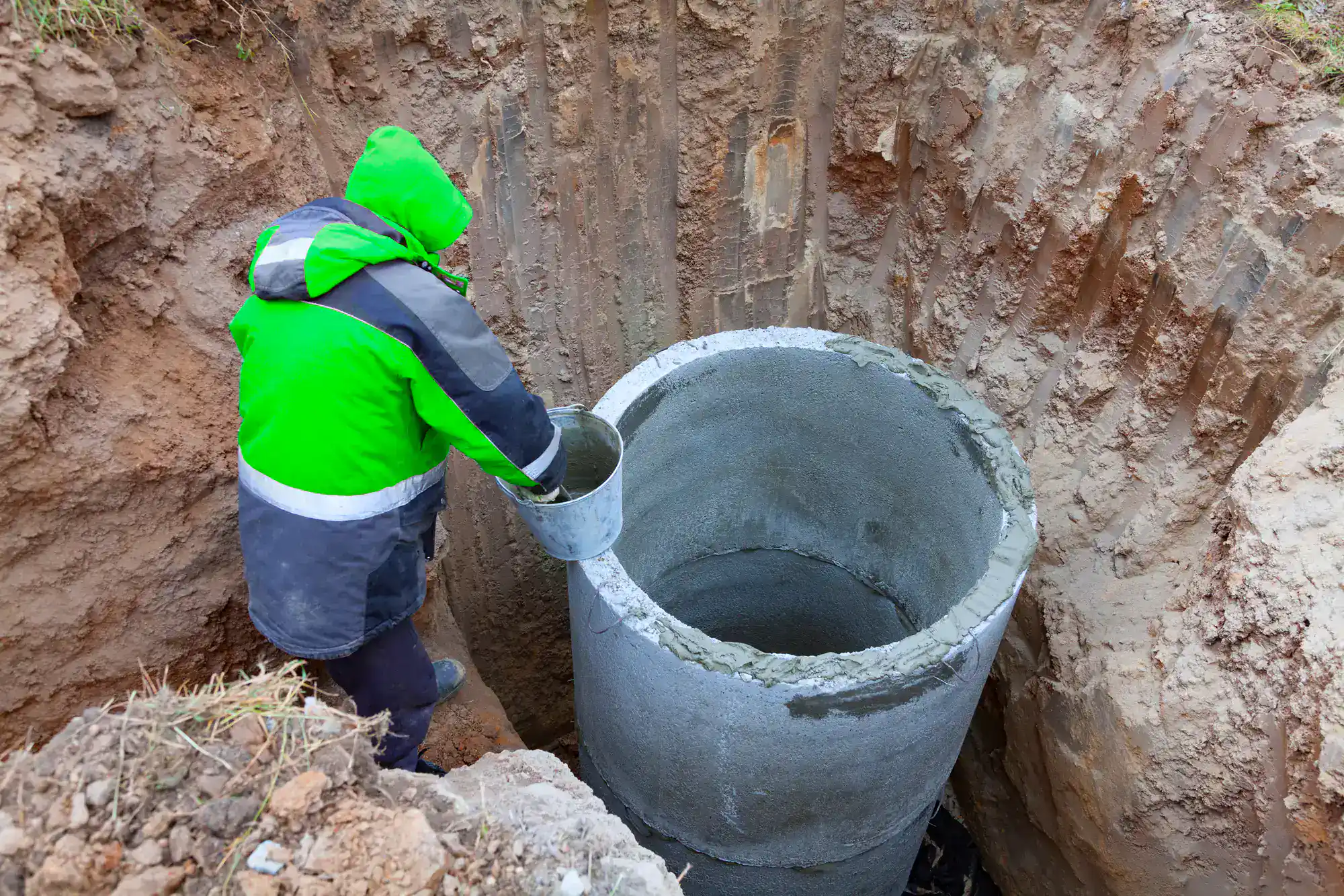 A person in a green hooded jacket stands in a deep, muddy hole, holding a bucket beside a large concrete well ring being installed underground.