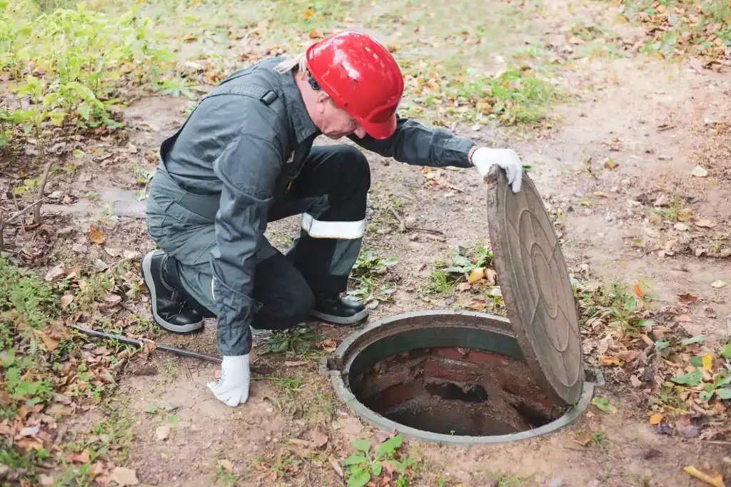 A worker in gray coveralls and a red hard hat kneels on the ground, lifting the lid of a manhole outdoors. The area is covered with grass, leaves, and dirt.