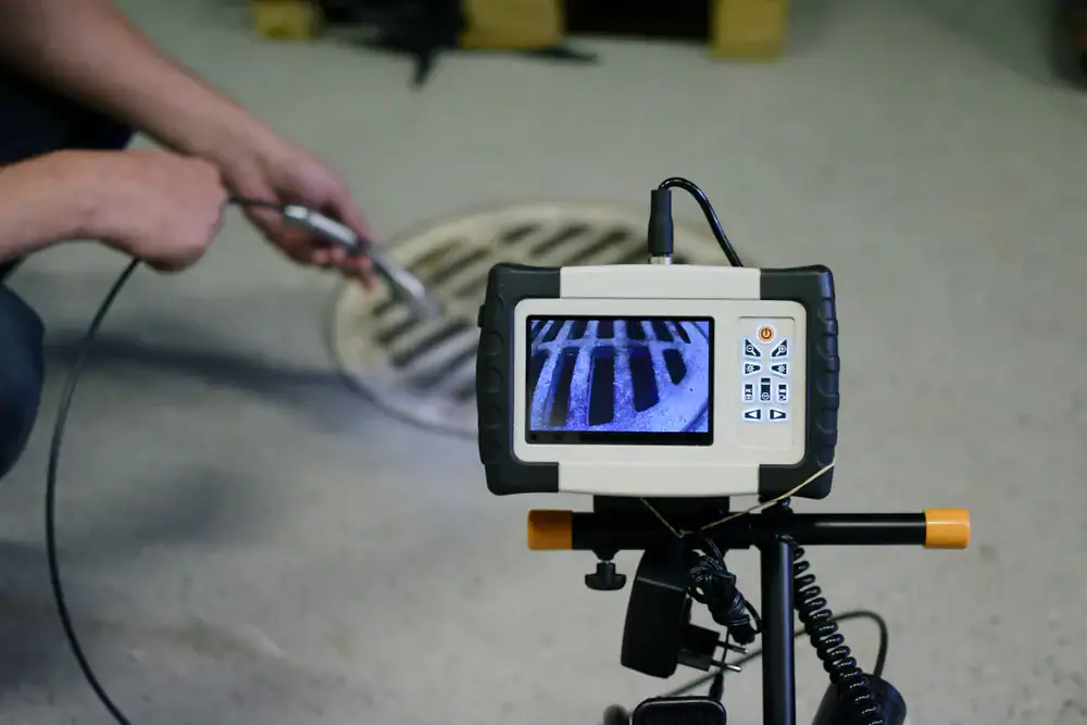 A person uses an inspection camera to check the inside of a drain grate; the camera monitor displays the view of the grate’s bars.