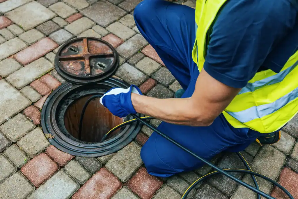 A worker in a reflective vest and gloves uses a cable to clear or inspect a sewer or drain through an open manhole on a paved surface.